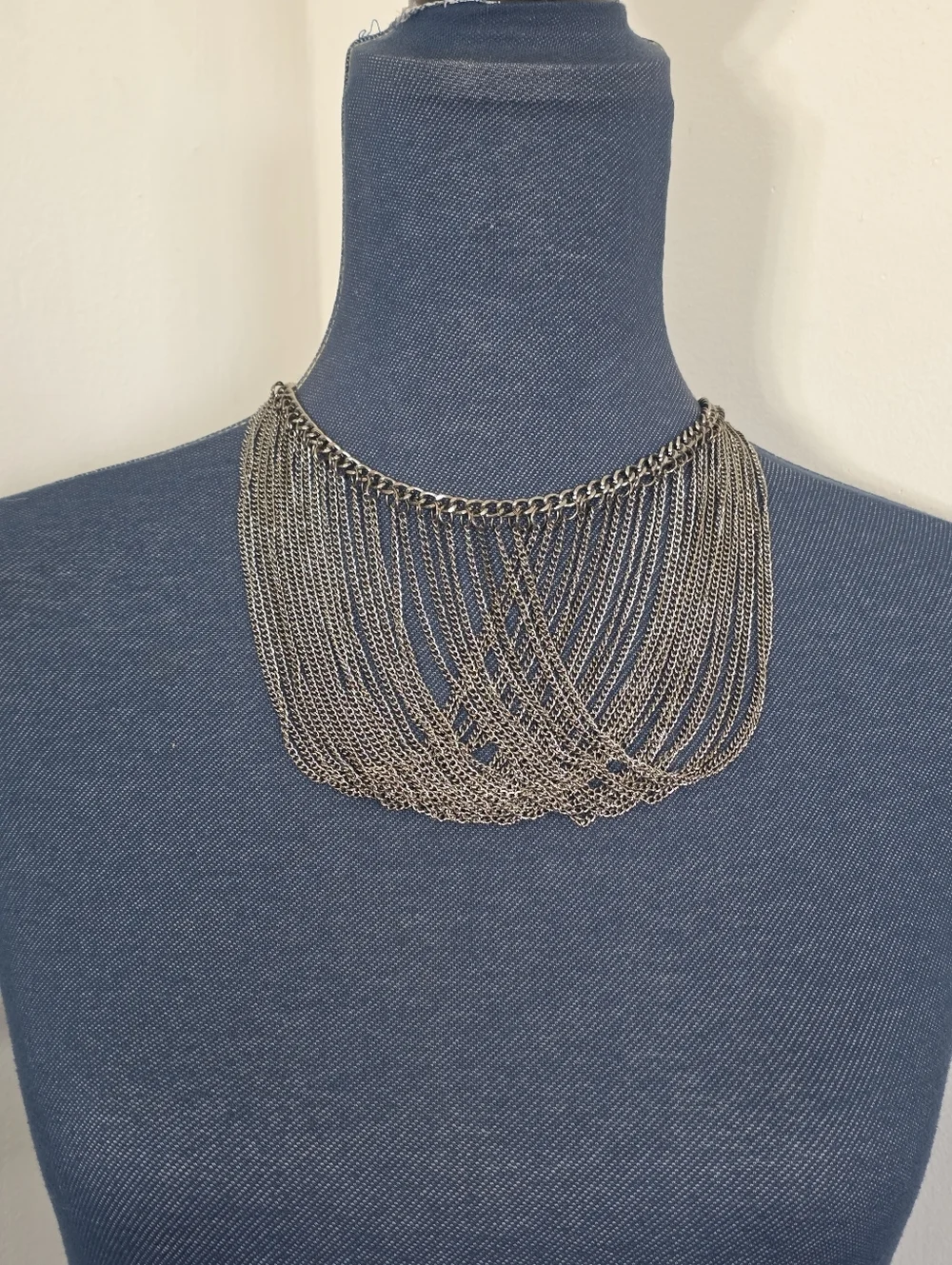 Gunmetal Multi-Strand Chain Drape Bib Necklace - Industrial Statement